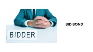 Bid Bond - A man wearing a suit sitting in a desk with a desktop nameplate in front of him with the word bidder.